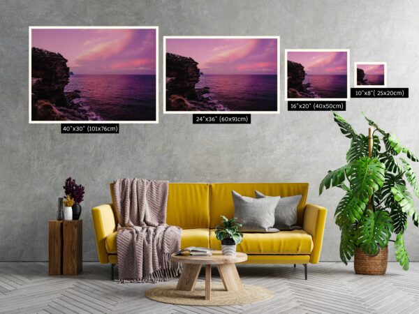Dramatic pink sunset over Gap Bluff, Watsons Bay in Sydney, with vibrant colors lighting up the ocean horizon.