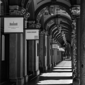 The Colonnades empty in black and white, Martin Place, Sydney.