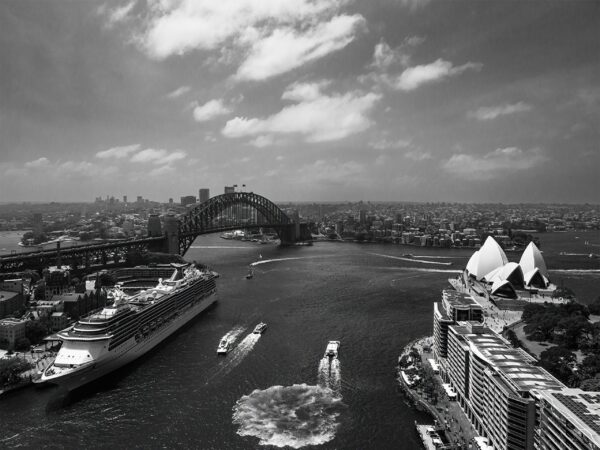View of Sydney Harbour in black and white from the old AMP building's roof.