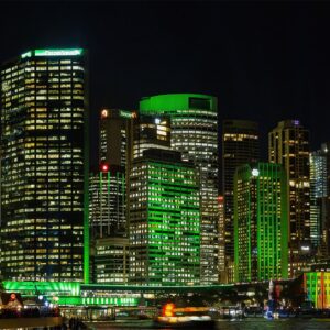 Vivid Sydney, the CBD Skyscrapers at Circular Quay all in green.