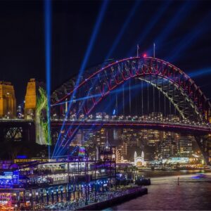 Vivid Sydney light display over the Sydney Harbour Bridge.
