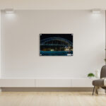 Vivid Sydney, a close up of the Harbour Bridge showing the north Sydney Skyline and Luna Park. Wall Art Prints for home and office decor.