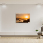 Sunset over Sydney Harbour fine art print, acrylic wall art for home and office decor, ready to hang, featuring a vibrant sunset with a yacht and silhouettes.