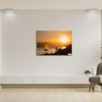 Sunset over Sydney Harbour fine art print, acrylic wall art for home and office decor, ready to hang, featuring a vibrant sunset with a yacht and silhouettes.