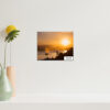 Sunset over Sydney Harbour fine art print, acrylic wall art for home and office decor, ready to hang, featuring a vibrant sunset with a yacht and silhouettes.