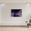 Premium Wooden Oak Framed print of Bennelong Apartments with a vivid purple glow, part of the Vivid Sydney collection, ideal for elegant home and office decor.