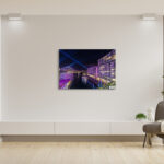 Aluminium print of Bennelong Apartments with a vivid purple glow, part of the Vivid Sydney collection, ideal for elegant home and office decor.