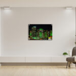 Vivid urban green CBD skyscrapers architectural wall art, showcasing modern city buildings with greenery, perfect for office and home decor.