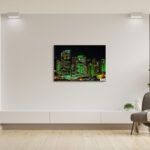 Vivid urban green CBD skyscrapers architectural wall art, showcasing modern city buildings with greenery, perfect for office and home decor.