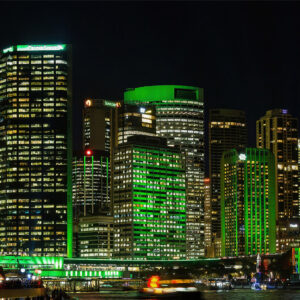 Vivid urban green CBD skyscrapers architectural wall art, showcasing modern city buildings with greenery, perfect for office and home decor.