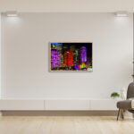 Vivid Urban Glow featuring multi-colored CBD skyscrapers, architectural wall art for modern office and home decor.