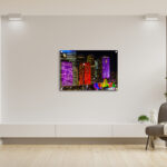 Vivid Urban Glow featuring multi-colored CBD skyscrapers, architectural wall art for modern office and home decor.