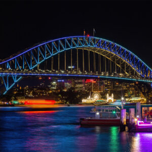 Vivid Sydney Lights featuring the illuminated Sydney Harbour Bridge, perfect for home and office wall decor. Bright and vibrant colors capturing the energy of Sydney’s iconic landmarks during the famous light festival.