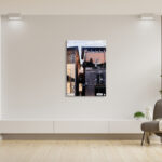 Print of a walkway in Palma, Mallorca, framed by contrasting architectural textures and a vintage street lamp, showcasing Gothic and Art Nouveau styles for home or office decor.