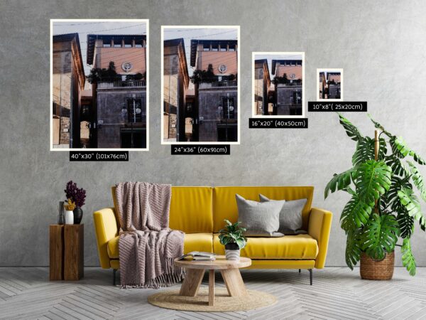 Print of a walkway in Palma, Mallorca, framed by contrasting architectural textures and a vintage street lamp, showcasing Gothic and Art Nouveau styles for home or office decor.