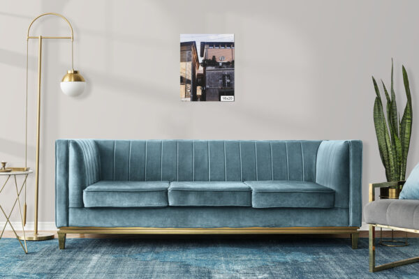 Print of a walkway in Palma, Mallorca, framed by contrasting architectural textures and a vintage street lamp, showcasing Gothic and Art Nouveau styles for home or office decor.