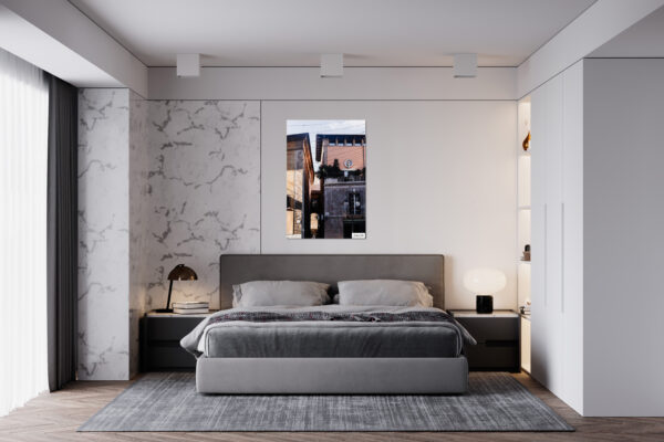 Print of a walkway in Palma, Mallorca, framed by contrasting architectural textures and a vintage street lamp, showcasing Gothic and Art Nouveau styles for home or office decor.