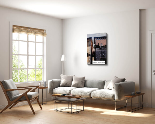 Print of a walkway in Palma, Mallorca, framed by contrasting architectural textures and a vintage street lamp, showcasing Gothic and Art Nouveau styles for home or office decor.