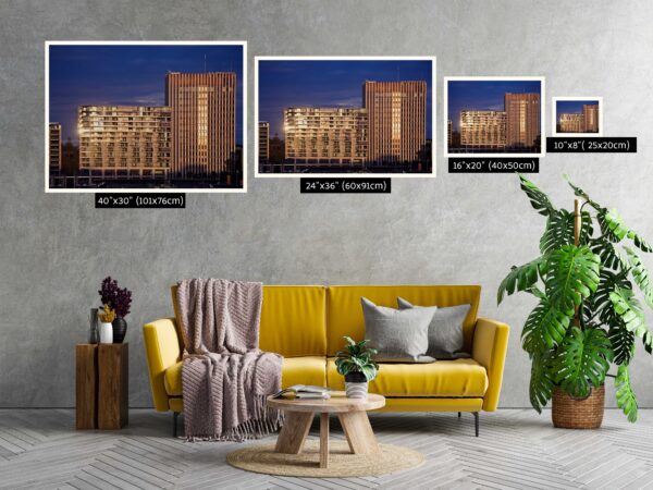 Golden Hour view of Bennelong Apartments in Sydney, showcasing a stunning cityscape. Ideal wall art for office and home decor.