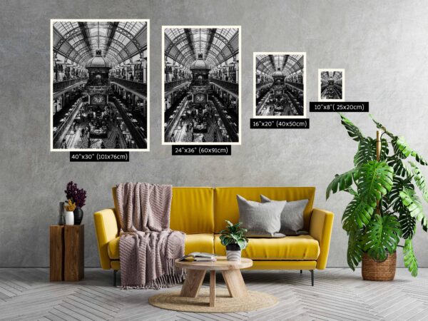 Elegant black and white print of the Queen Victoria Building in Sydney, captured from a street-level front view, highlighting its grand Romanesque architecture — perfect for stylish wall decor and interior design.