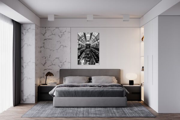Elegant black and white print of the Queen Victoria Building in Sydney, captured from a street-level front view, highlighting its grand Romanesque architecture — perfect for stylish wall decor and interior design.