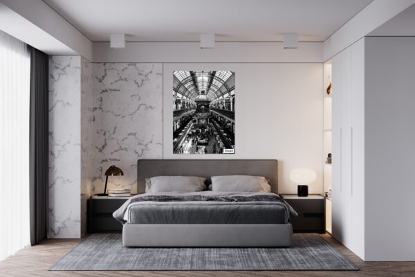 Elegant black and white print of the Queen Victoria Building in Sydney, captured from a street-level front view, highlighting its grand Romanesque architecture — perfect for stylish wall decor and interior design.