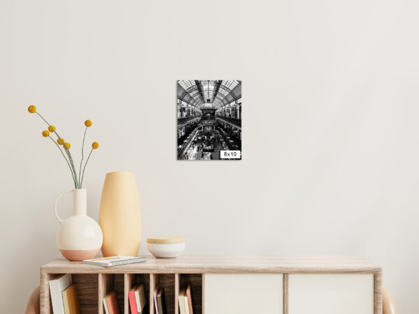 Elegant black and white print of the Queen Victoria Building in Sydney, captured from a street-level front view, highlighting its grand Romanesque architecture — perfect for stylish wall decor and interior design.
