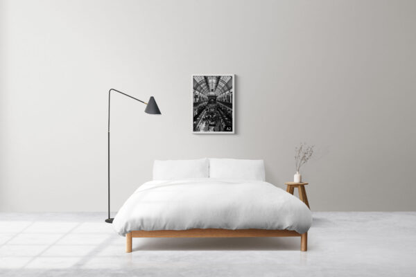 Elegant black and white print of the Queen Victoria Building in Sydney, captured from a street-level front view, highlighting its grand Romanesque architecture — perfect for stylish wall decor and interior design.