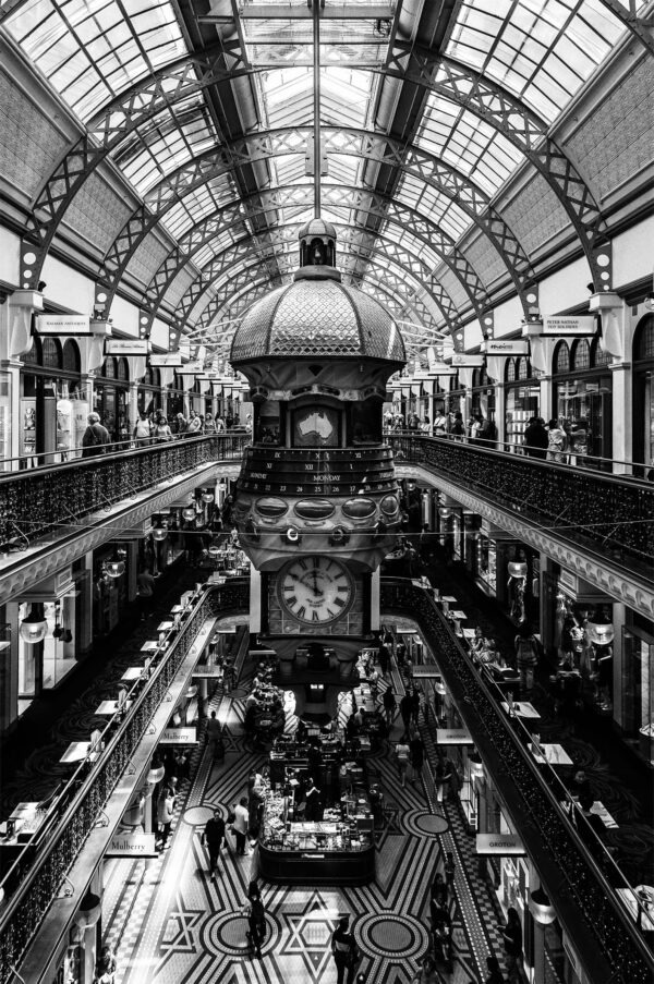 Elegant black and white print of the Queen Victoria Building in Sydney, captured from a street-level front view, highlighting its grand Romanesque architecture — perfect for stylish wall decor and interior design.