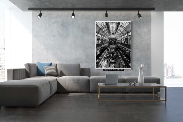 Elegant black and white print of the Queen Victoria Building in Sydney, captured from a street-level front view, highlighting its grand Romanesque architecture — perfect for stylish wall decor and interior design.