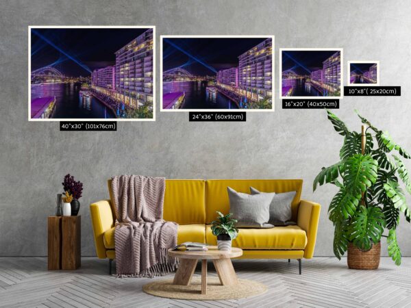 Vivid Sydney wall art print featuring Bennelong Apartments and Harbour Bridge with a purple glow at night.