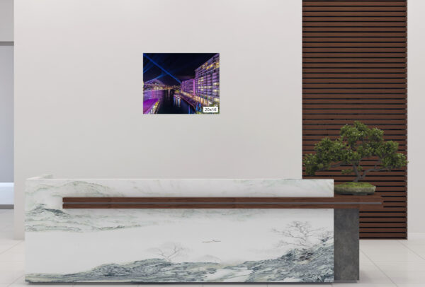 Vivid Sydney wall art print featuring Bennelong Apartments and Harbour Bridge with a purple glow at night.