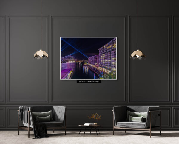 Vivid Sydney wall art print featuring Bennelong Apartments and Harbour Bridge with a purple glow at night.