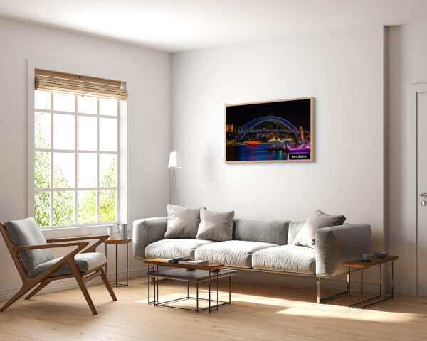 Vivid Sydney Lights featuring the illuminated Sydney Harbour Bridge, perfect for home and office wall decor. Bright and vibrant colors capturing the energy of Sydney’s iconic landmarks during the famous light festival.