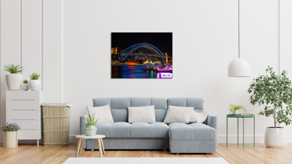 Vivid Sydney Lights featuring the illuminated Sydney Harbour Bridge, perfect for home and office wall decor. Bright and vibrant colors capturing the energy of Sydney’s iconic landmarks during the famous light festival.
