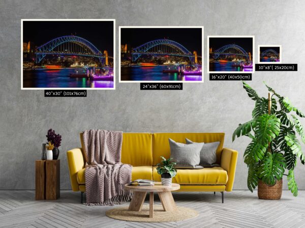 Vivid Sydney Lights featuring the illuminated Sydney Harbour Bridge, perfect for home and office wall decor. Bright and vibrant colors capturing the energy of Sydney’s iconic landmarks during the famous light festival.