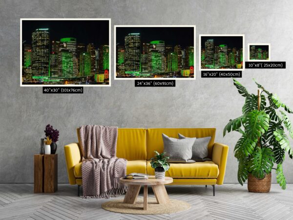 Vivid Sydney urban green CBD skyscrapers at night, architectural wall art print for office and home decor.