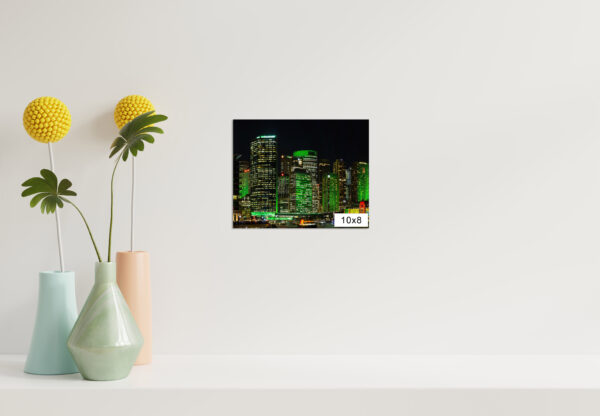 Vivid Sydney urban green CBD skyscrapers at night, architectural wall art print for office and home decor.
