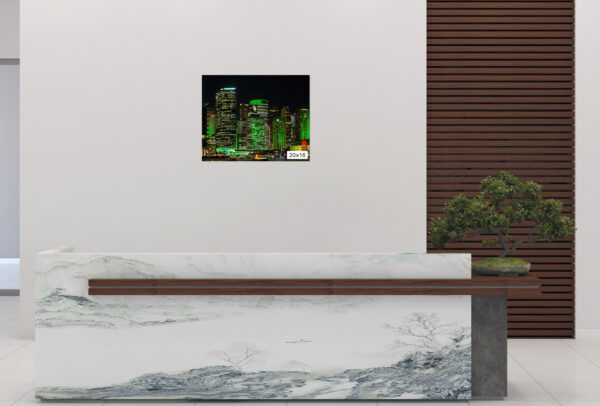Vivid Sydney urban green CBD skyscrapers at night, architectural wall art print for office and home decor.