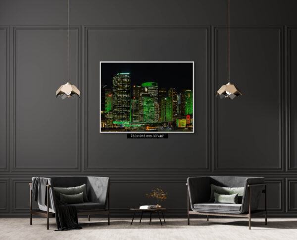 Vivid Sydney urban green CBD skyscrapers at night, architectural wall art print for office and home decor.