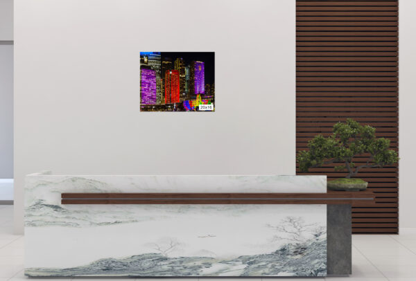 Vivid Sydney multicoloured CBD skyscrapers at night, architectural wall art print for office and home decor.