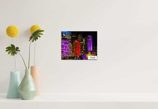 Vivid Sydney multicoloured CBD skyscrapers at night, architectural wall art print for office and home decor.