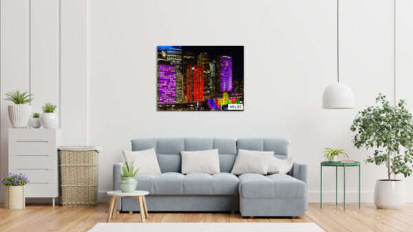 Vivid Sydney multicoloured CBD skyscrapers at night, architectural wall art print for office and home decor.