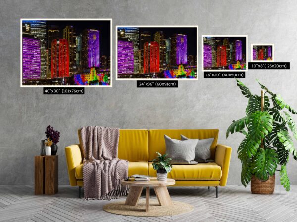 Vivid Sydney multicoloured CBD skyscrapers at night, architectural wall art print for office and home decor.