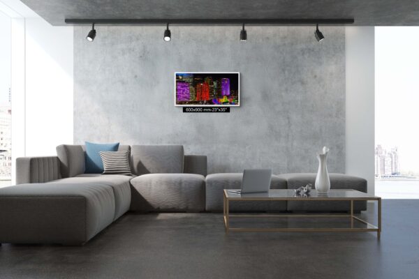 Vivid Sydney multicoloured CBD skyscrapers at night, architectural wall art print for office and home decor.