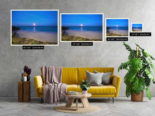 Moonlight reflecting over Bronte Beach, Sydney with cliffs, sand, and ocean – fine art wall print for home decor.