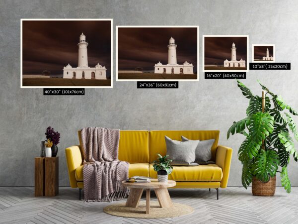 Lighthouse wall art print in Sydney with dramatic smoke-filled sky