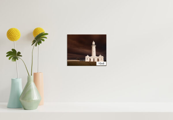 Lighthouse wall art print in Sydney with dramatic smoke-filled sky