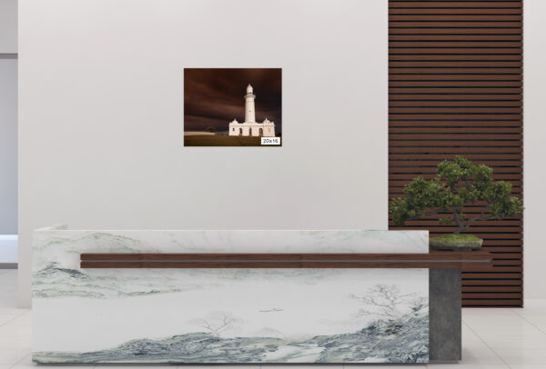 Lighthouse wall art print in Sydney with dramatic smoke-filled sky