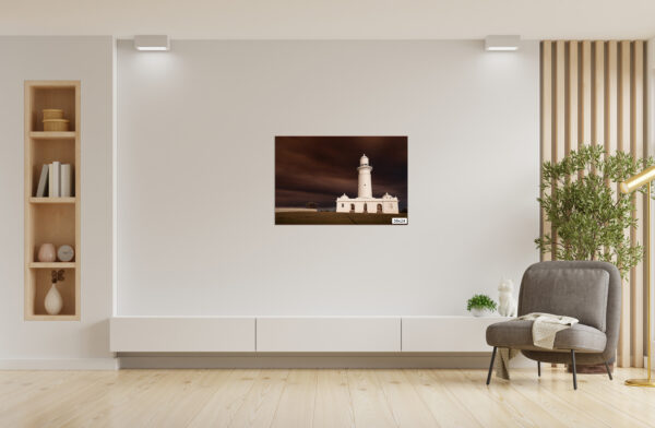 Lighthouse wall art print in Sydney with dramatic smoke-filled sky